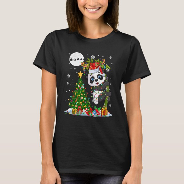 Santa Reindeer Panda Weihnachtsbaumleuchter Famili T-Shirt (Vorderseite)