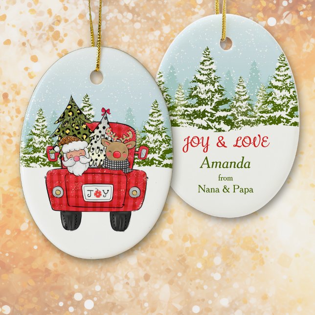 Santa Reindeer Red Truck Winterwald Kinder Keramik Ornament (Von Creator hochgeladen)