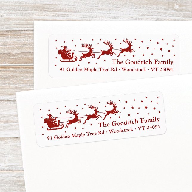 Santa Reindeer Sleigh Red Christmas Rücksendeadres (Festive, antique gold Santa's reindeer sleigh in a starry sky Christmas return address label.)
