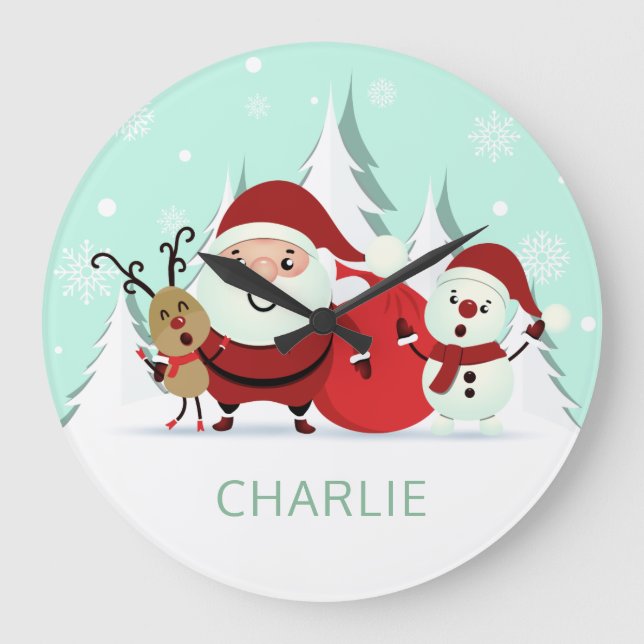 Santa, Reindeer & Snowman custom name wall clocks Große Wanduhr (Vorderseite)