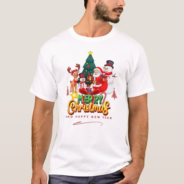 🎄 Santa, Reindeer & Snowman with Christmas Tree – T-Shirt (Vorderseite)