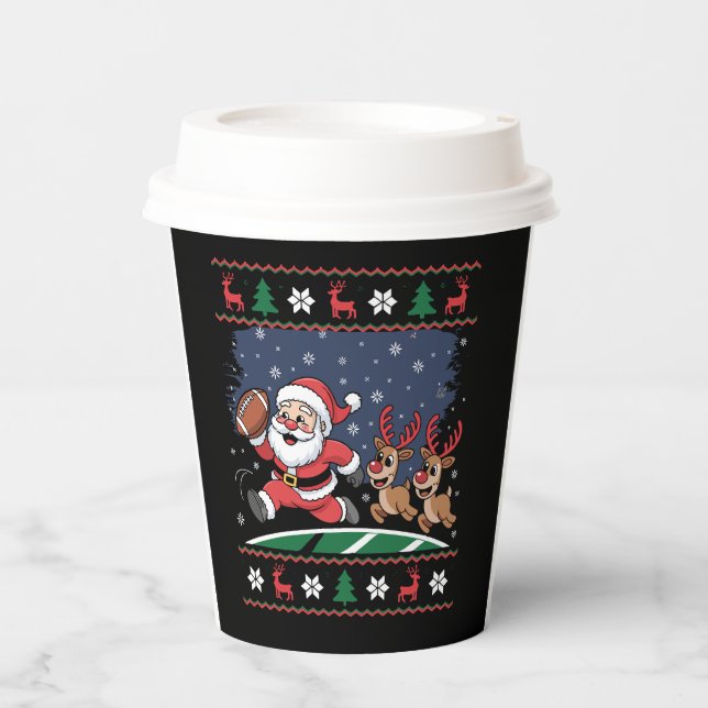 Santa Reindeer spielen American Football Ugly Xmas Pappbecher (Vorderseite)