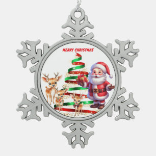 SANTA & REINDEER'S PEWTER SNOWFLAKE ORNAMENT