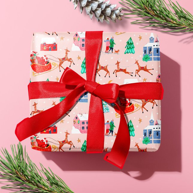 Santa & Reindeers Pink Christmas Nordic Village Geschenkpapier (Santa & Reindeers Pink Christmas Nordic Village Wrapping Paper)