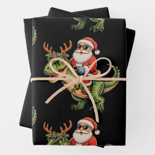Santa reitet auf Dinosaurier T Rex Weihnachten Ret Geschenkpapier Set
