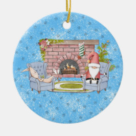Santa Relaxen am Kamin mit Osterhase Keramik Ornament