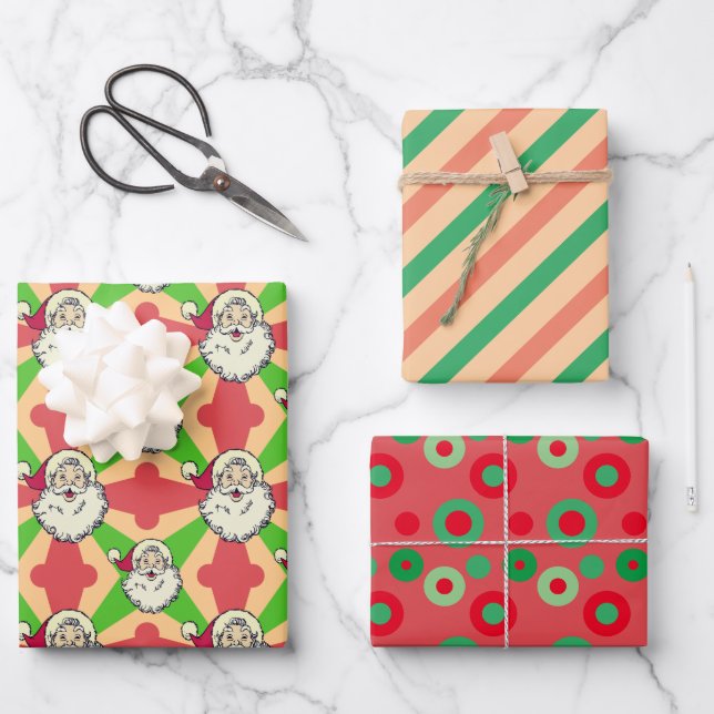 Santa Retro Lines Dots Weihnachten Geschenkpapier Set (Vorderseite)