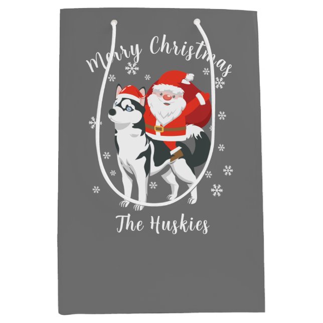 Santa Riding a Husky Dog Frohe Weihnachten Mittlere Geschenktüte (Vorderseite)