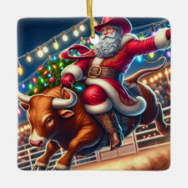 Santa Riding a Rodeo Bull Weihnachten Keramikornament