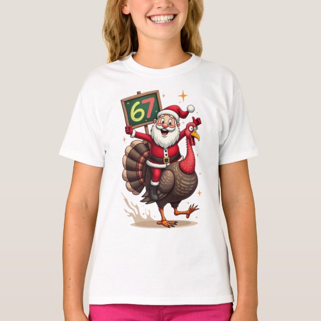 🎅🦃 Santa Riding a Turkey with Number 67 Funny T-Shirt (Vorderseite)