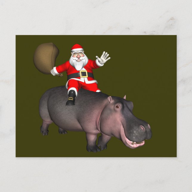 Santa Riding auf Hippo Feiertagspostkarte (Vorderseite)