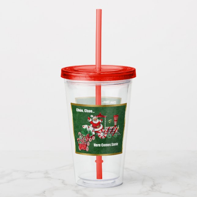 Santa Riding Candy Train Letters Green Gold Acryltrinkbecher (Vorderseite)