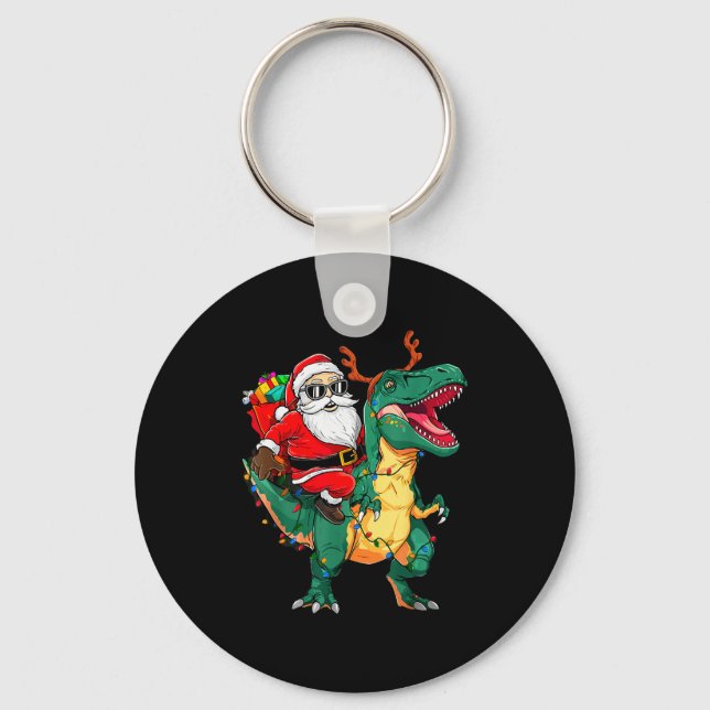 Santa Riding Dinosaur T Rex Funny Christmas Kids B Schlüsselanhänger (Vorderseite)
