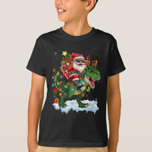 Santa Riding Dinosaur T Rex Weihnachtsbaum Lichter T-Shirt