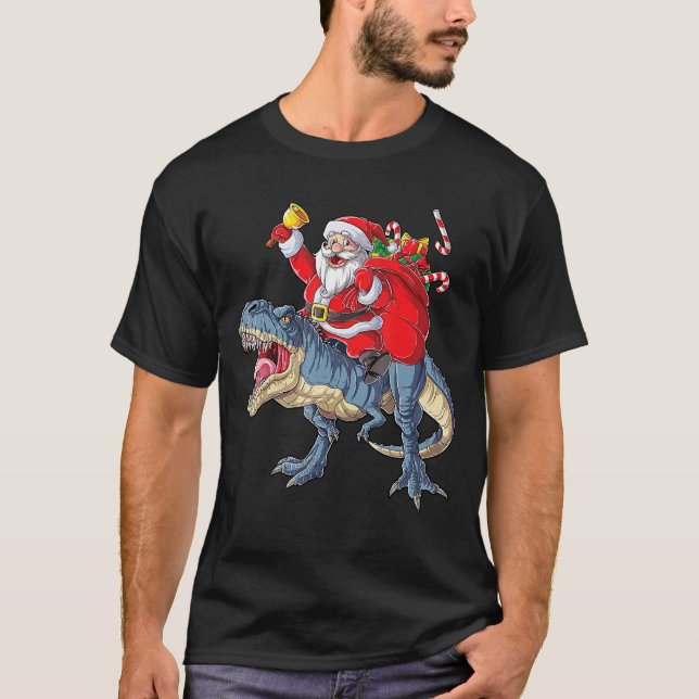 Santa Riding Dinosaur T rex Weihnachtsgeschenke T-Shirt (Vorderseite)