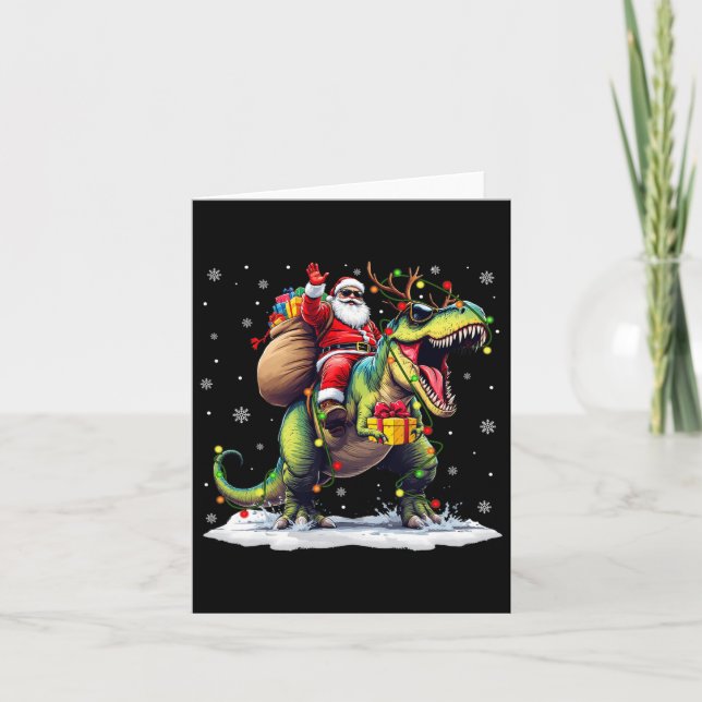 Santa Riding Dinosaur T Rex Weihnachtsjunge Männer Karte (Vorderseite)