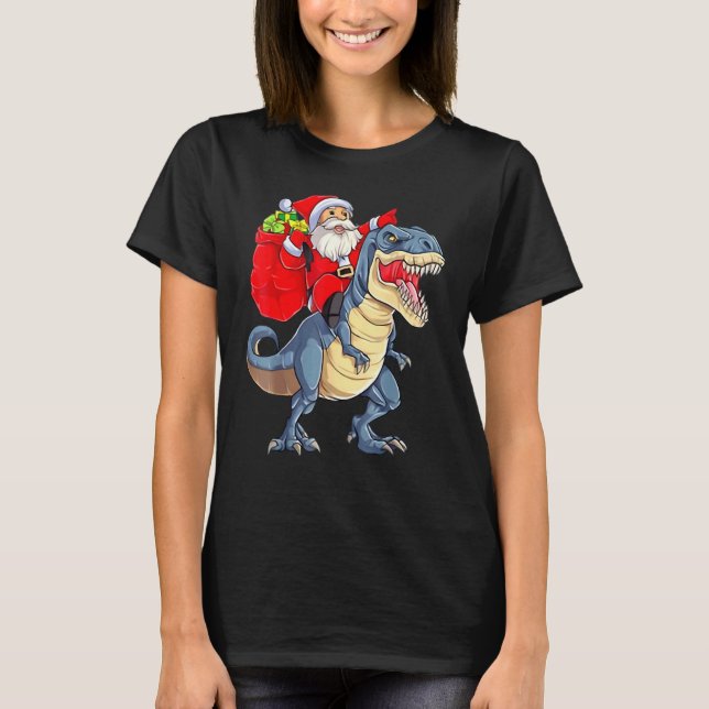 Santa Riding Dinosaurier Rex Weihnachtsfeiertage T-Shirt (Vorderseite)