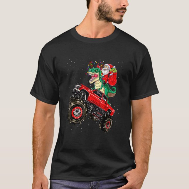 Santa Riding Dinosaurier Trex Monster Truck Boys K T-Shirt (Vorderseite)