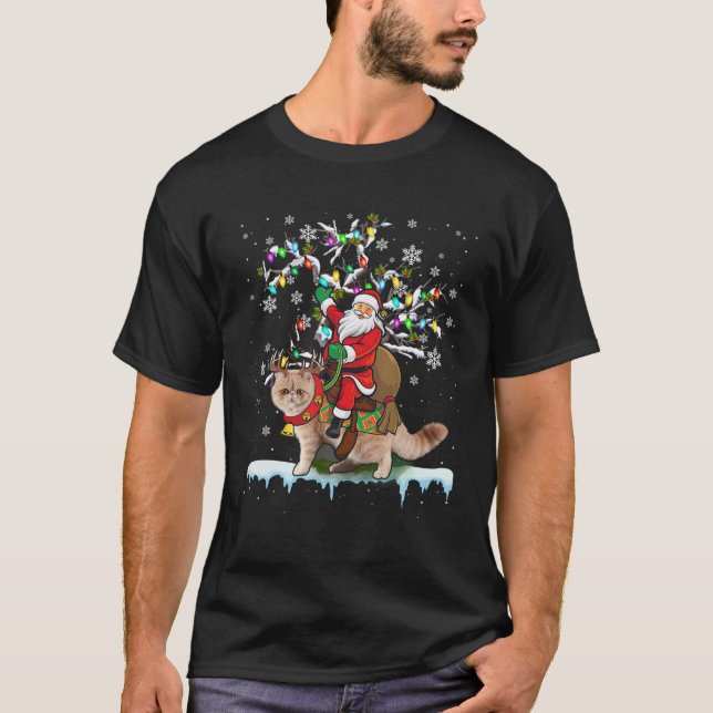 Santa Riding Exotic Kurzhaar Xmas Tree Santa Cat T-Shirt (Vorderseite)