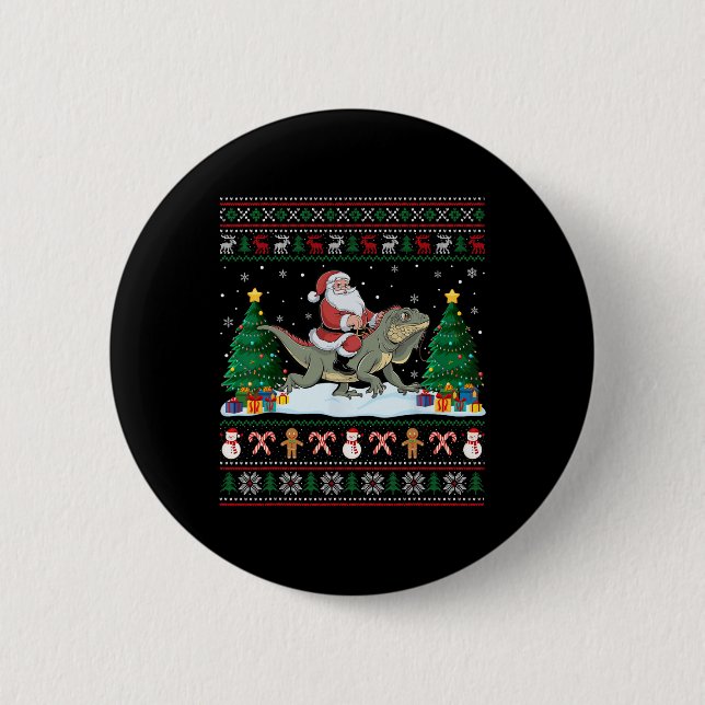 Santa Riding Iguana Boys Mädchen Kinder Ugge Weihn Button (Vorderseite)