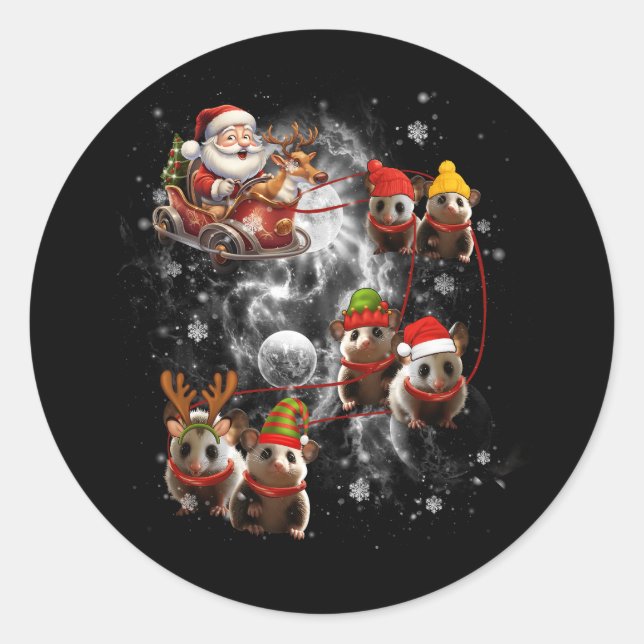 Santa Riding Opossum Rentierfisch Sleigh Runder Aufkleber (Vorderseite)
