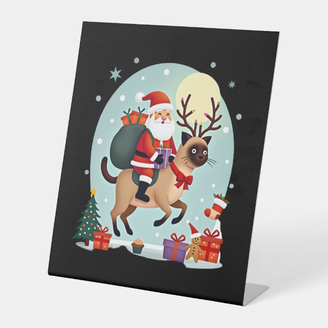 Santa Riding Reindeer Siamese Cat Christmas Tree L Sockelschild (Vorderseite)