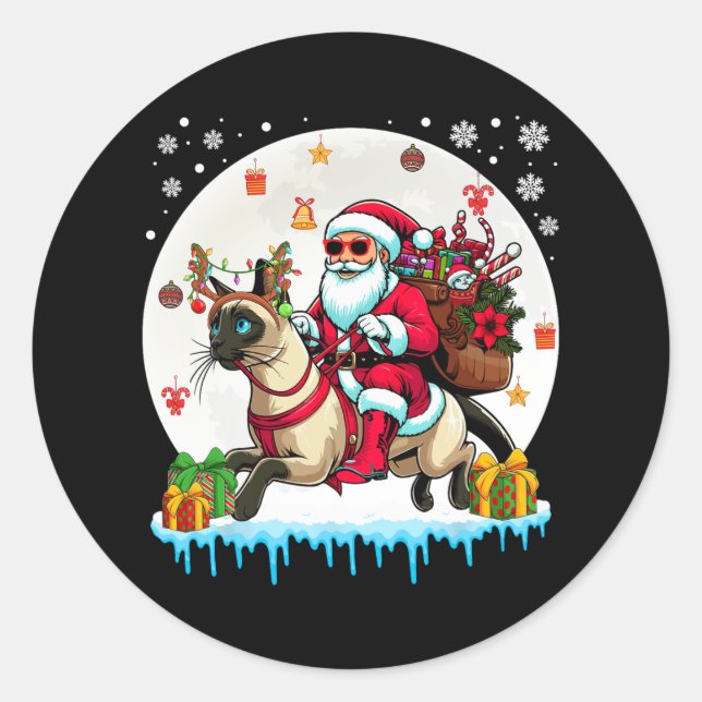 Santa Riding Rentier Burmese Katzenweihbesitzer Runder Aufkleber (Vorderseite)