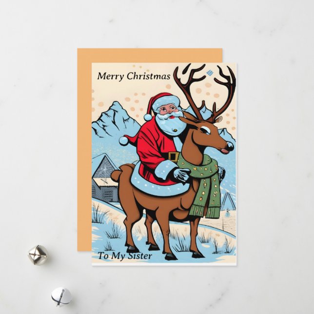 Santa Riding Rentier individuell anpassbar Feiertagskarte (Vorderseite/Rückseite Beispiel)