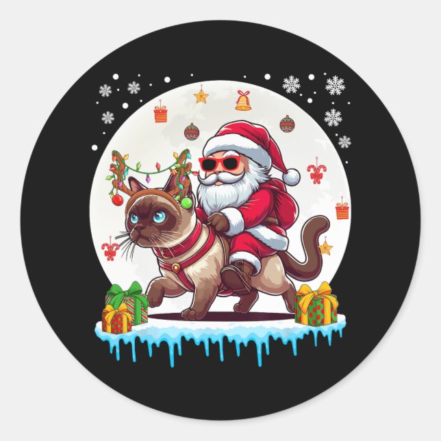 Santa Riding Rentier Siamese Cat Christmas Eigentü Runder Aufkleber (Vorderseite)