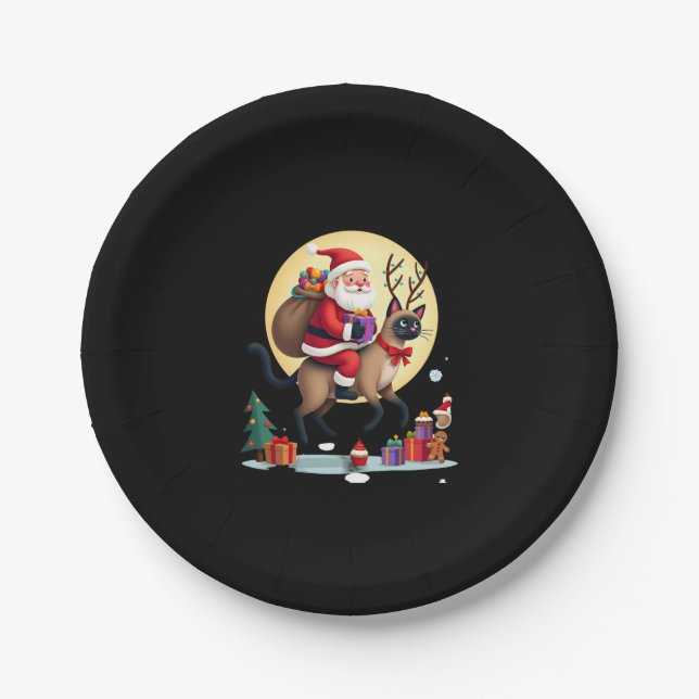 Santa Riding Rentier Siamese Weihnachtsbaum L Pappteller (Vorderseite)