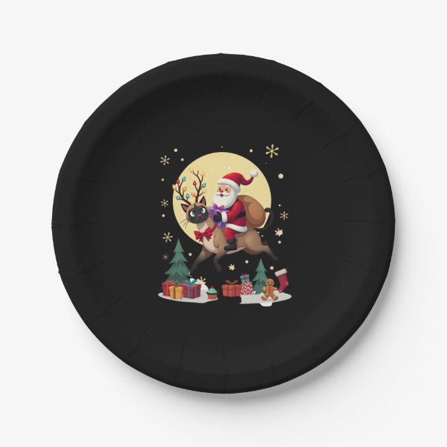 Santa Riding Rentier Siamese Weihnachtsbaum L Pappteller (Vorderseite)