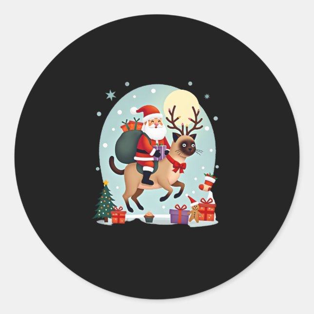 Santa Riding Rentier Siamese Weihnachtsbaum L Runder Aufkleber (Vorderseite)