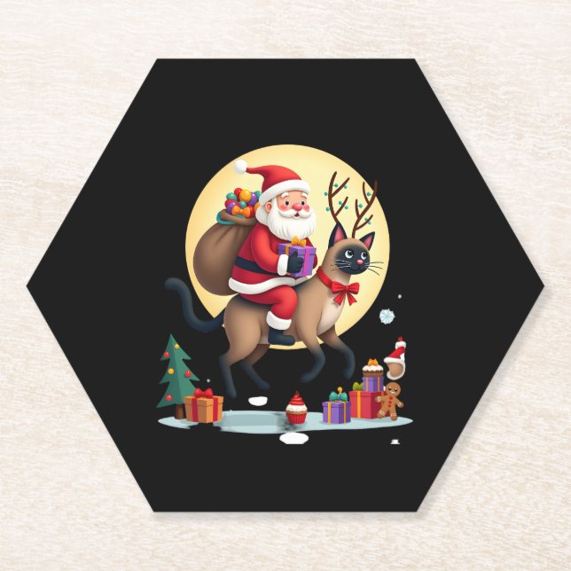 Santa Riding Rentier Siamese Weihnachtsbaum L Untersetzer (Vorderseite)
