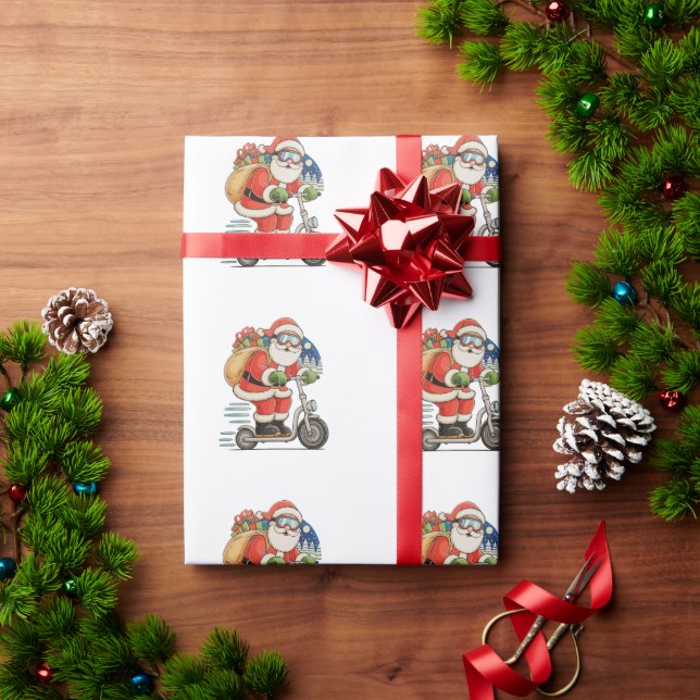 Santa Riding Scooter Weihnachtsmatte Geschenkpapier (Feiertagsgeschenk)