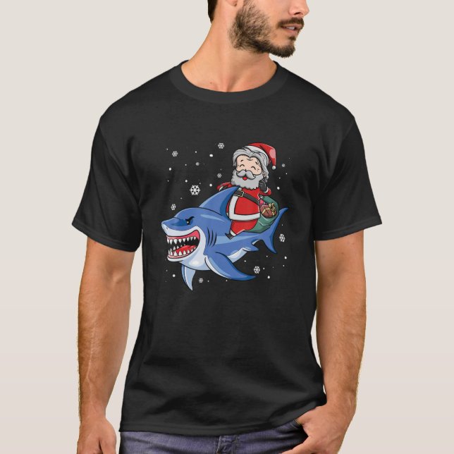 Santa Riding Shark Funny Christmas Pajamas For Boy T-Shirt (Vorderseite)