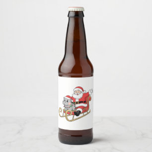 Santa Riding Sleigh mit Moo Deng Baby Hippo Bierflaschenetikett