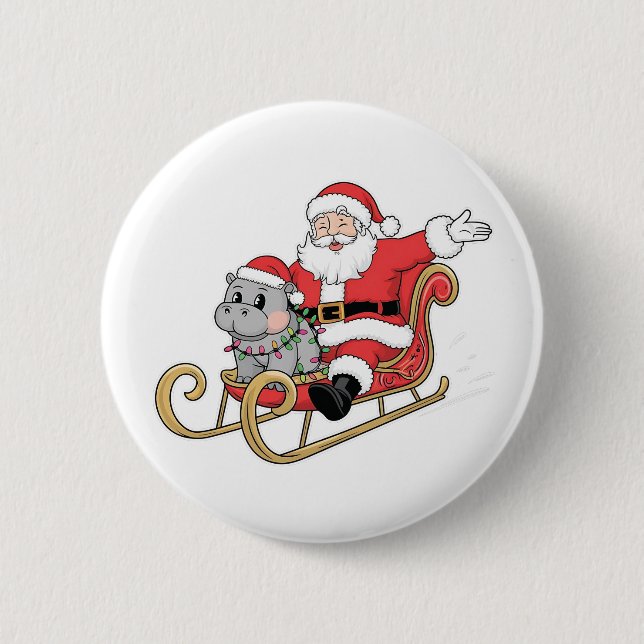 Santa Riding Sleigh mit Moo Deng Baby Hippo Button (Vorderseite)