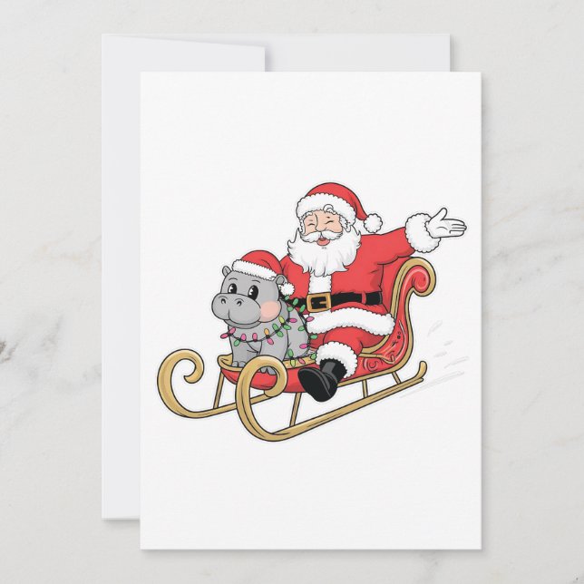 Santa Riding Sleigh mit Moo Deng Baby Hippo Einladung (Vorderseite)