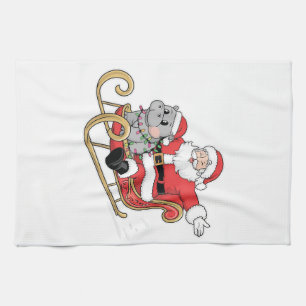 Santa Riding Sleigh mit Moo Deng Baby Hippo Geschirrtuch