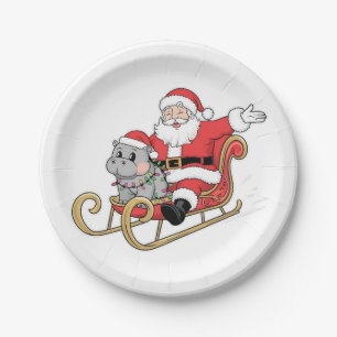 Santa Riding Sleigh mit Moo Deng Baby Hippo Pappteller