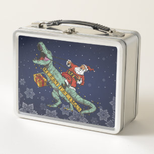 Santa Riding T Rex - Frohe Trexmas Metall Brotdose