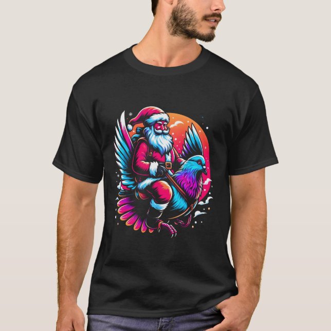 Santa Riding Taube Weihnachtsfarben Design T-Shirt (Vorderseite)