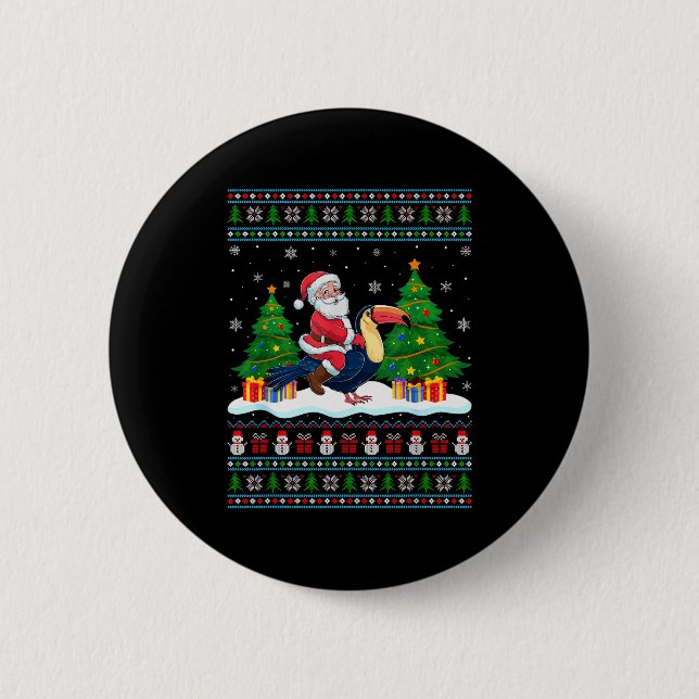 Santa Riding Toucans Tree Lights Ugly Christmas Sw Button (Vorderseite)