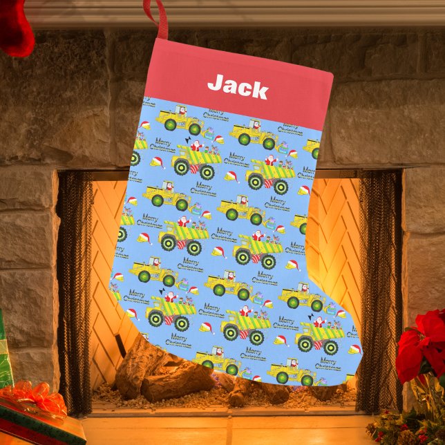 Santa Rite auf Dump Truck und Bulldozer Blue Kleiner Weihnachtsstrumpf (Von Creator hochgeladen)