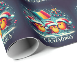 Santa Robins, die die rumänische Flagge führen Geschenkpapier