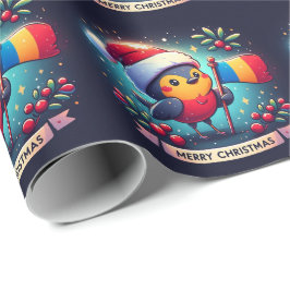 Santa Robins, die die rumänische Flagge führen Geschenkpapier