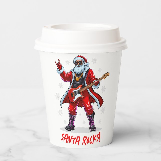 Santa Rocks! Funny Santa Claus spielt Gitarre Pappbecher (Rückseite)