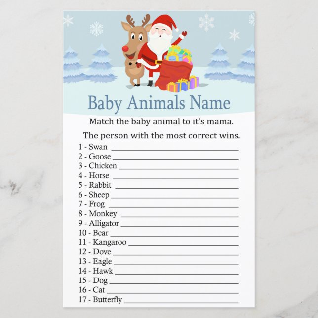 Santa, Rudolph Baby Animals Name Spiel Babydusche (Vorderseite)
