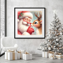 Santa Rudolph Cute Christmas Cartoon Wall Print