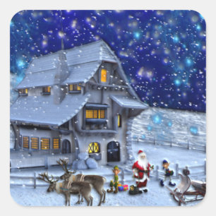 Santa Rudolph Elf mit Schlitten Quadratischer Aufkleber